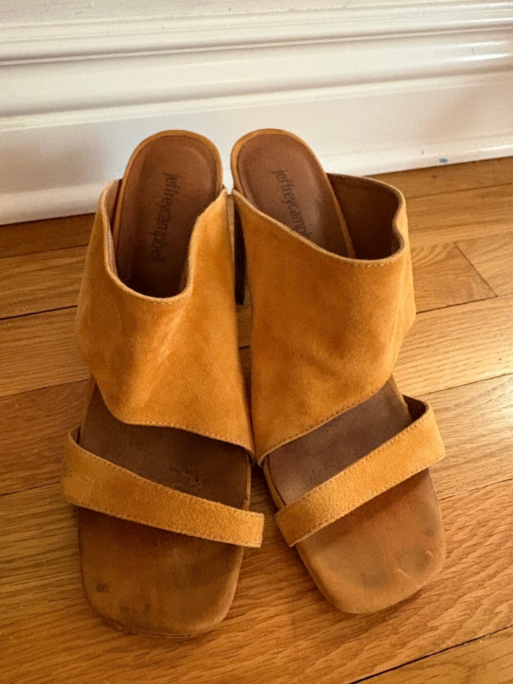 Jeffrey Campbell Tan Suede Asymmetric Wide Strap Block Heel Mule Size 8.5